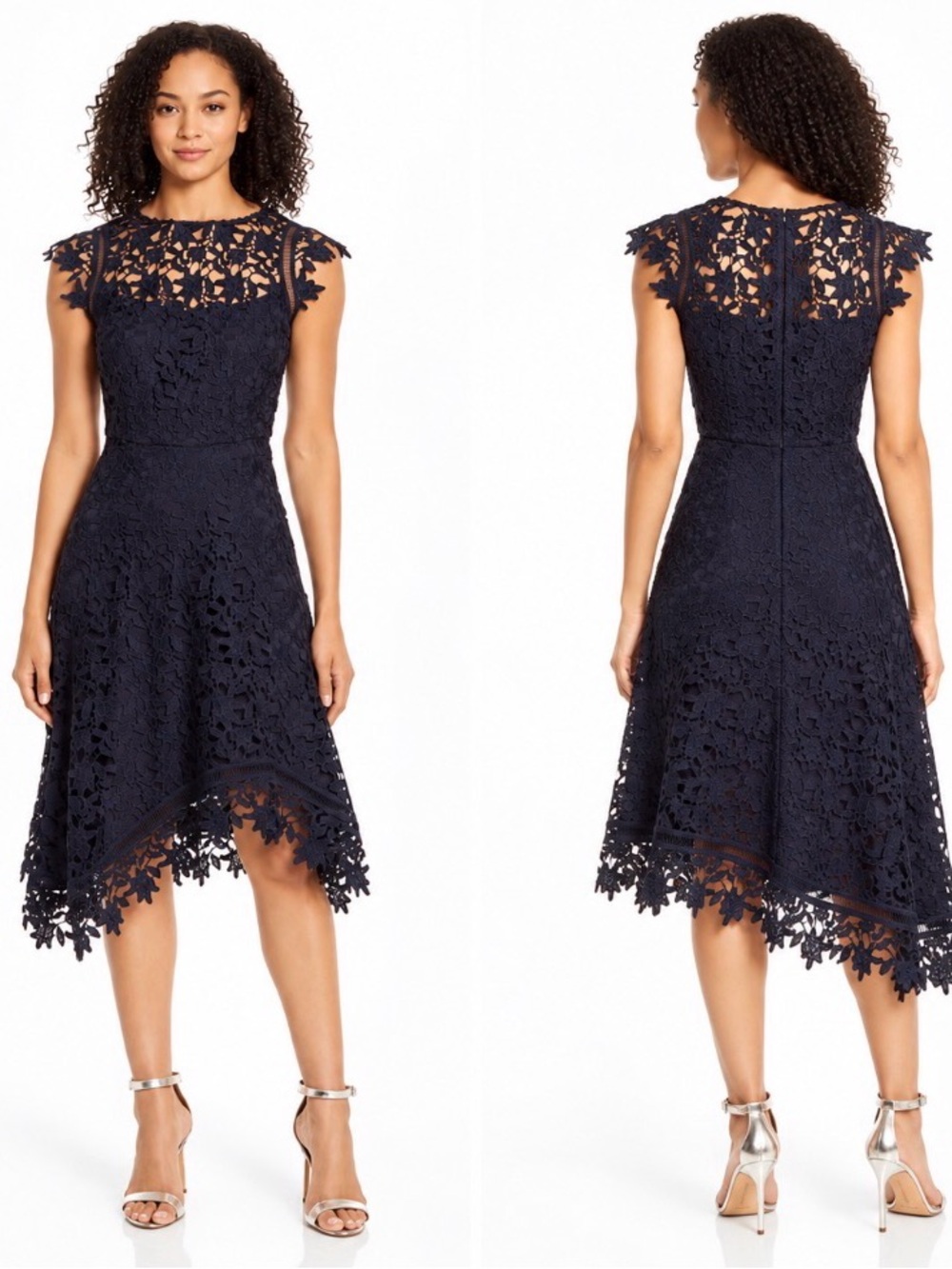 Eliza J Womens 10 Navy Guipure Lace Dress Asymmetric Hem Cocktail Midi